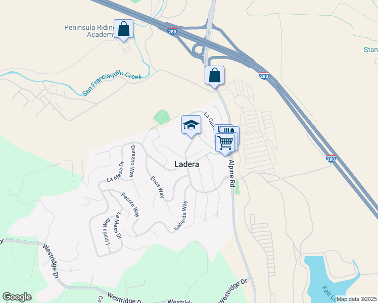 map of restaurants, bars, coffee shops, grocery stores, and more near 375 La Cuesta Drive in Menlo Park