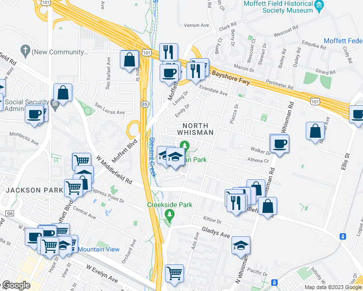 map of restaurants, bars, coffee shops, grocery stores, and more near 529 Taylor Court in Mountain View