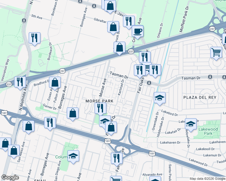 map of restaurants, bars, coffee shops, grocery stores, and more near 1145 Milan Terrace in Sunnyvale