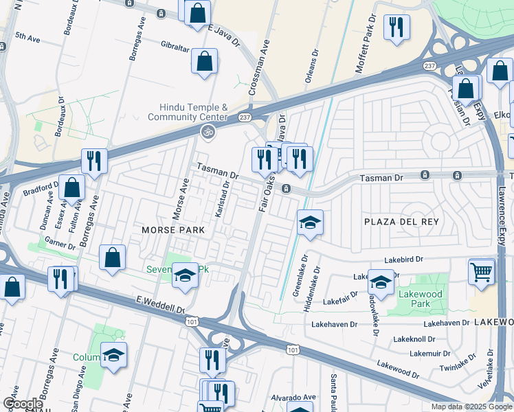 map of restaurants, bars, coffee shops, grocery stores, and more near 1122 Le Mans Terrace in Sunnyvale