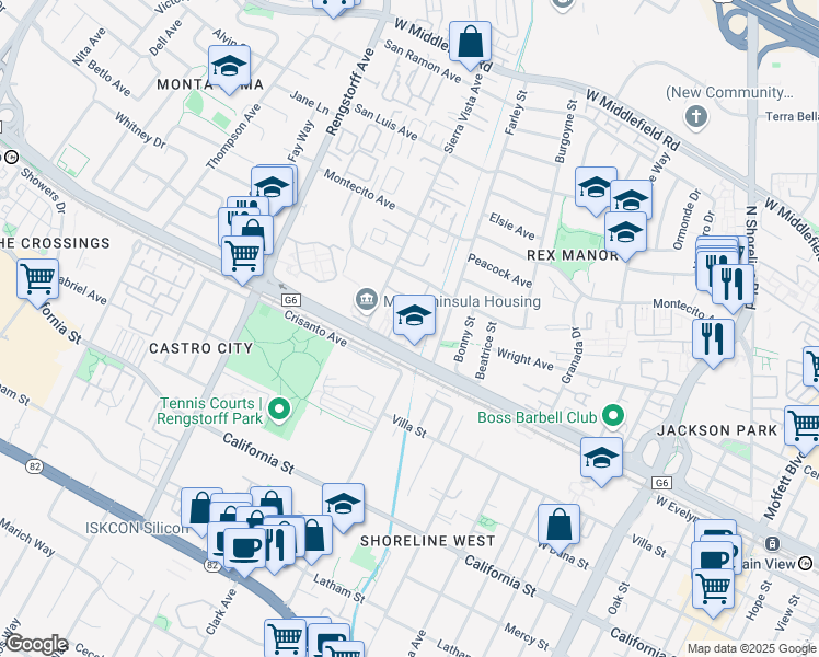 map of restaurants, bars, coffee shops, grocery stores, and more near 1918 Silverwood Avenue in Mountain View