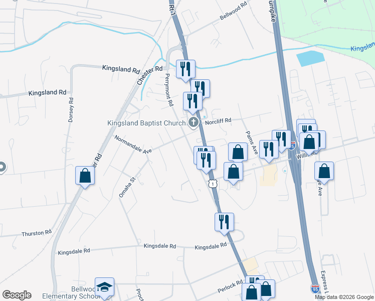 map of restaurants, bars, coffee shops, grocery stores, and more near 8900 Perrymont Road in Richmond