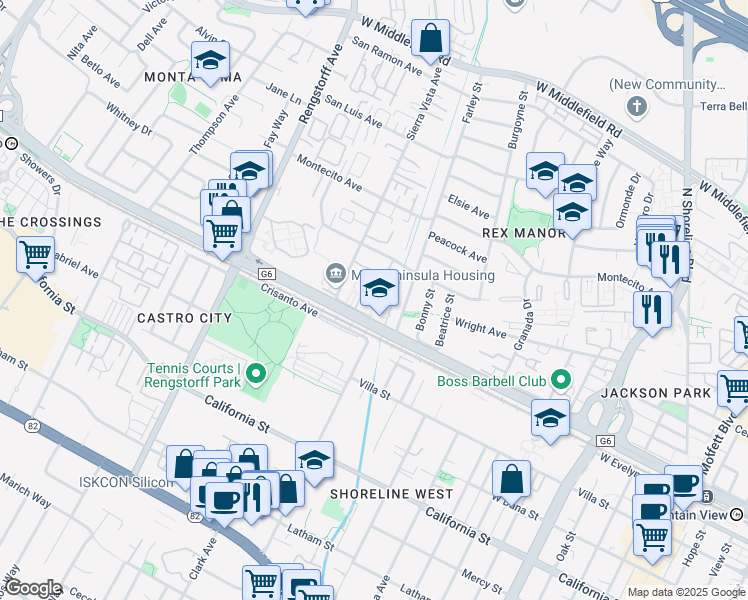 map of restaurants, bars, coffee shops, grocery stores, and more near 1918 Silverwood Avenue in Mountain View