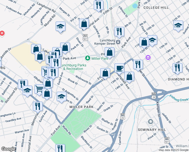 map of restaurants, bars, coffee shops, grocery stores, and more near 2306 Marsh Street in Lynchburg