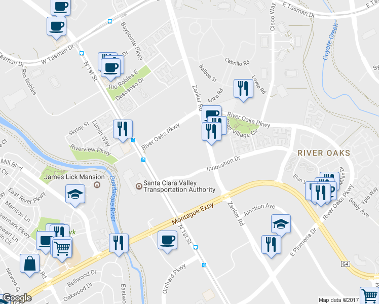 map of restaurants, bars, coffee shops, grocery stores, and more near 131 Innovation Drive in San Jose