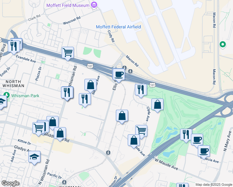 map of restaurants, bars, coffee shops, grocery stores, and more near 625 Ellis Street in Mountain View
