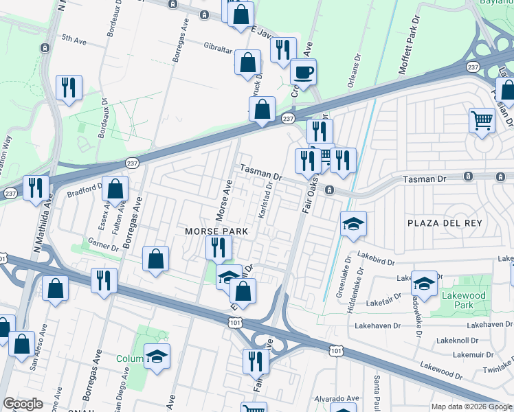 map of restaurants, bars, coffee shops, grocery stores, and more near 400 Siam Terrace in Sunnyvale
