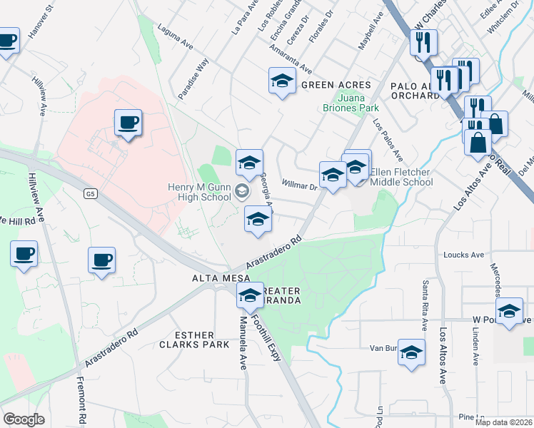 map of restaurants, bars, coffee shops, grocery stores, and more near 4142 Hubbartt Drive in Palo Alto