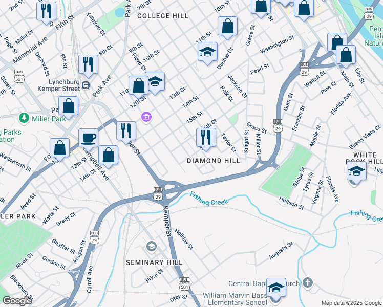 map of restaurants, bars, coffee shops, grocery stores, and more near 1620 Floyd Street in Lynchburg