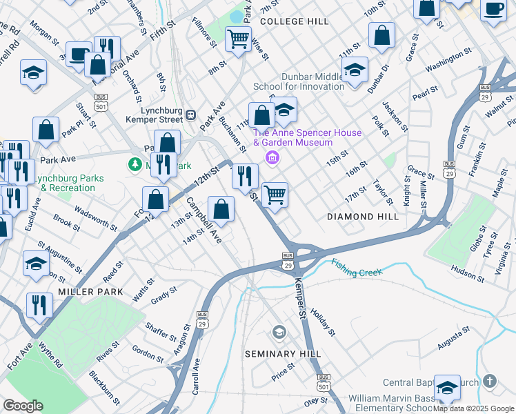 map of restaurants, bars, coffee shops, grocery stores, and more near 1415 Kemper Street in Lynchburg