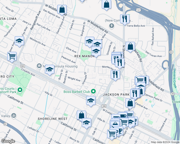 map of restaurants, bars, coffee shops, grocery stores, and more near 431 Lotus Lane in Mountain View