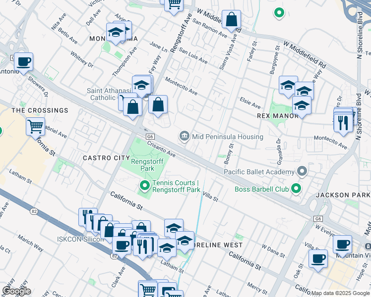 map of restaurants, bars, coffee shops, grocery stores, and more near 2 Sierra Vista Avenue in Mountain View