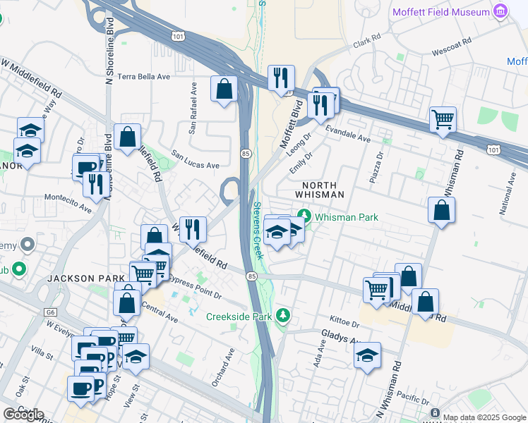 map of restaurants, bars, coffee shops, grocery stores, and more near 620 Alamo Court in Mountain View