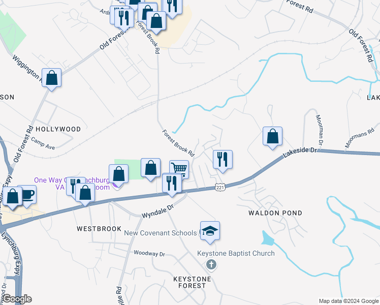 map of restaurants, bars, coffee shops, grocery stores, and more near Forest Brook Road in Lynchburg