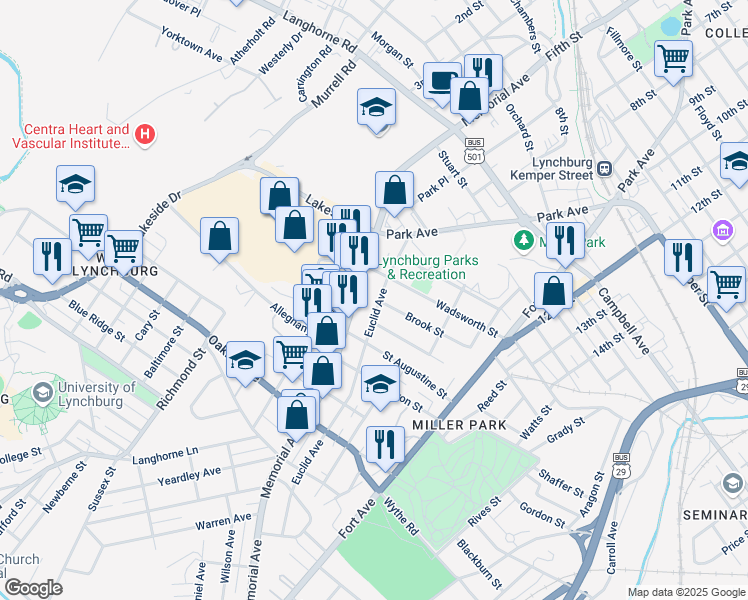 map of restaurants, bars, coffee shops, grocery stores, and more near 215 Euclid Avenue in Lynchburg