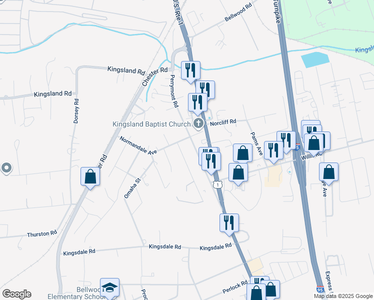 map of restaurants, bars, coffee shops, grocery stores, and more near 8917 Oak Lawn Street in Richmond