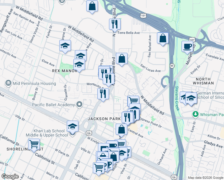 map of restaurants, bars, coffee shops, grocery stores, and more near 570 North Shoreline Boulevard in Mountain View