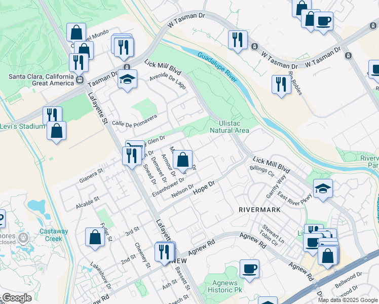 map of restaurants, bars, coffee shops, grocery stores, and more near 1535 Vista Club Circle in Santa Clara
