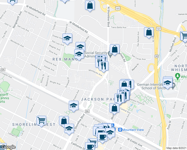 map of restaurants, bars, coffee shops, grocery stores, and more near 1296 Montecito Avenue in Mountain View