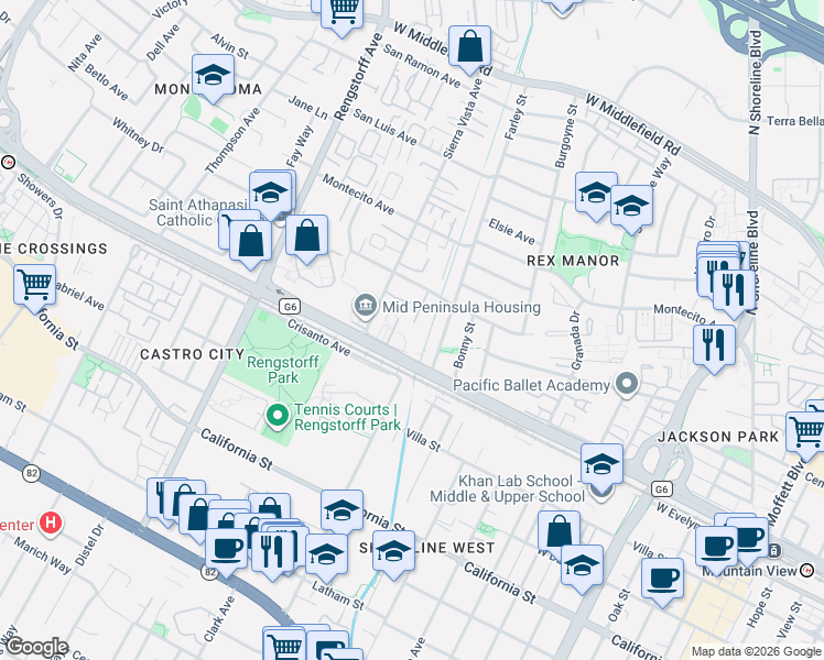 map of restaurants, bars, coffee shops, grocery stores, and more near 1909 Hackett Avenue in Mountain View