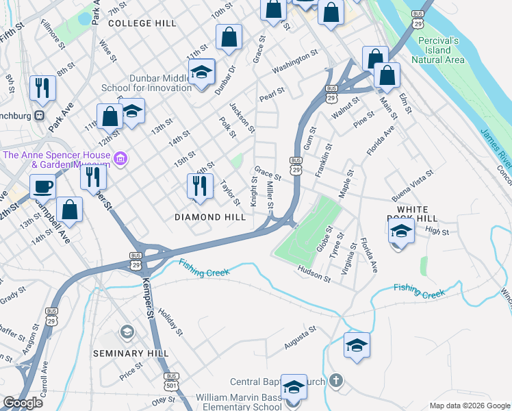 map of restaurants, bars, coffee shops, grocery stores, and more near 1914-1998 Giles St in Lynchburg