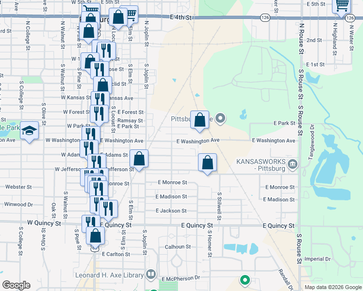 map of restaurants, bars, coffee shops, grocery stores, and more near 501 East Washington Street in Pittsburg