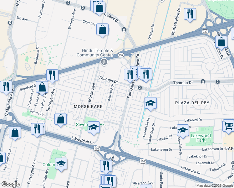map of restaurants, bars, coffee shops, grocery stores, and more near 1145 Karlstad Drive in Sunnyvale