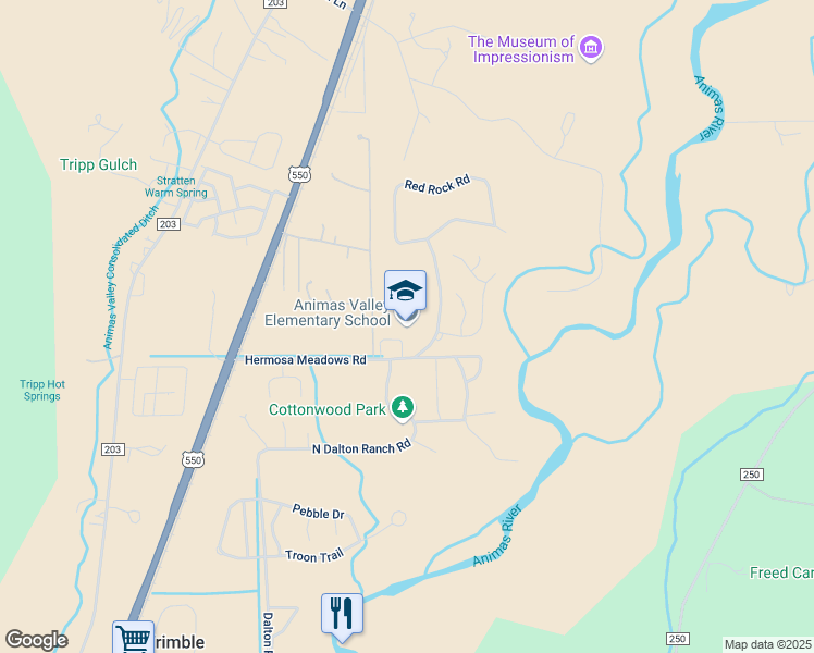 map of restaurants, bars, coffee shops, grocery stores, and more near 373 Hermosa Meadows Road in Durango