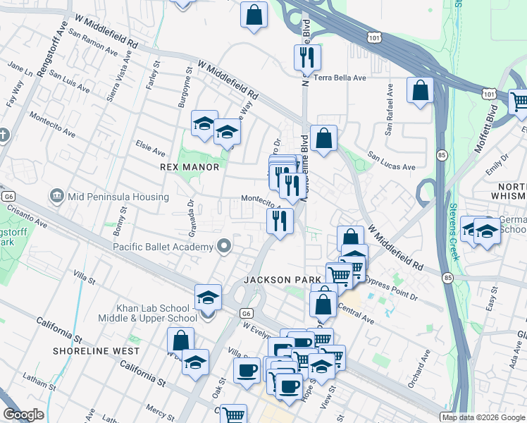 map of restaurants, bars, coffee shops, grocery stores, and more near 1296 Montecito Avenue in Mountain View