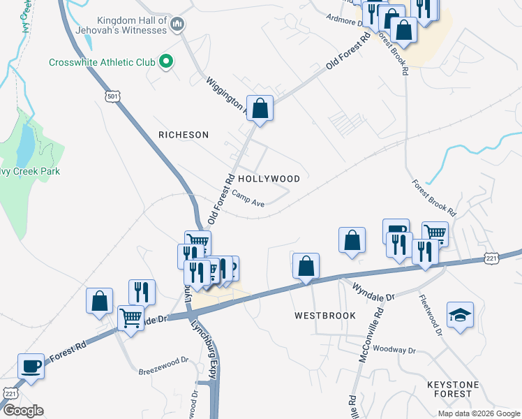 map of restaurants, bars, coffee shops, grocery stores, and more near 114 Camp Avenue in Lynchburg