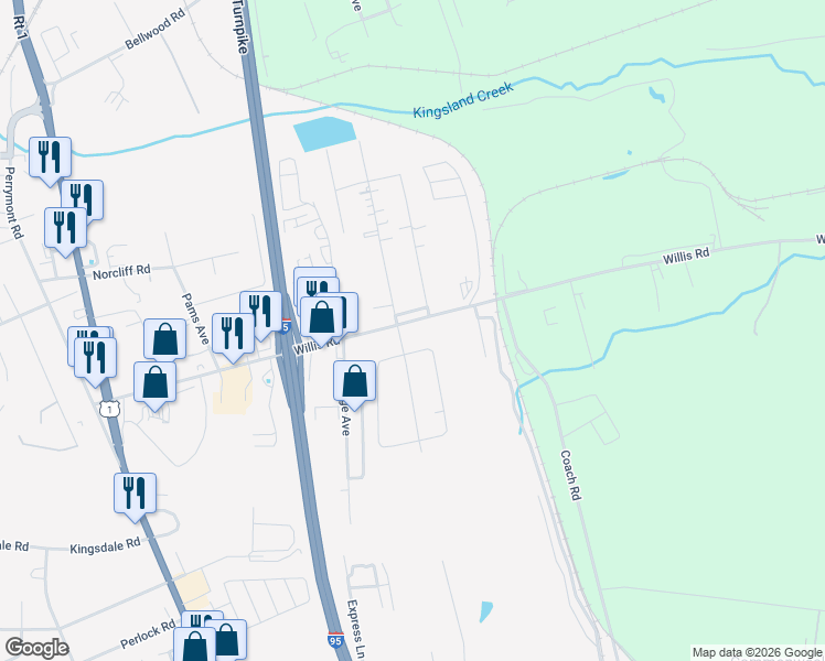 map of restaurants, bars, coffee shops, grocery stores, and more near 1912 Willis Road in Richmond