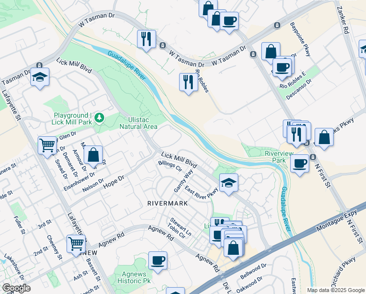 map of restaurants, bars, coffee shops, grocery stores, and more near 4559 Laird Circle in Santa Clara