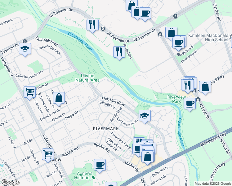 map of restaurants, bars, coffee shops, grocery stores, and more near 4559 Laird Circle in Santa Clara