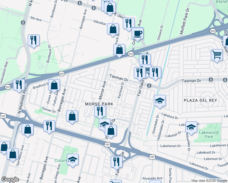 map of restaurants, bars, coffee shops, grocery stores, and more near 1145 Milan Terrace in Sunnyvale