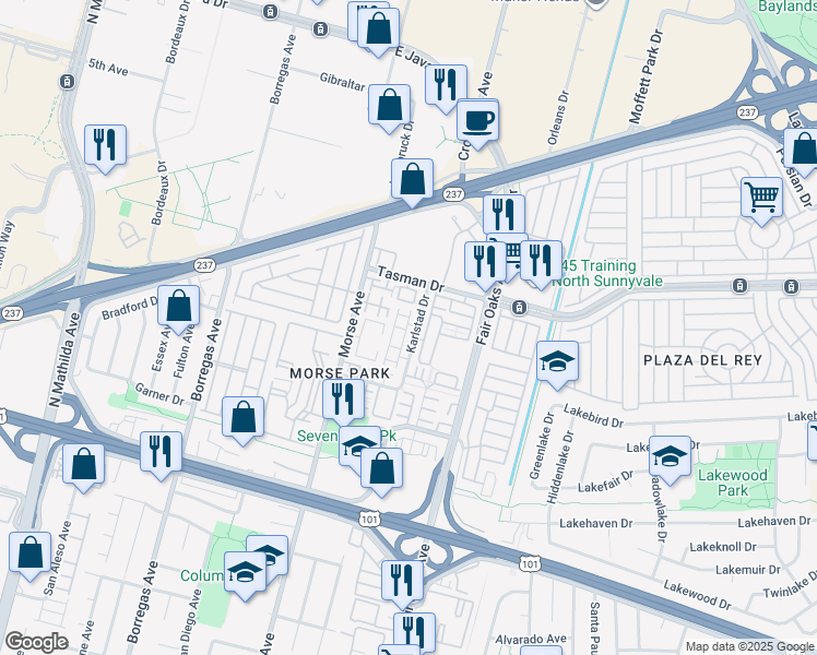 map of restaurants, bars, coffee shops, grocery stores, and more near 1145 Karlstad Drive in Sunnyvale