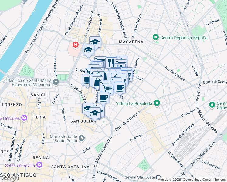 map of restaurants, bars, coffee shops, grocery stores, and more near 3 Calle Juan Gil in Sevilla