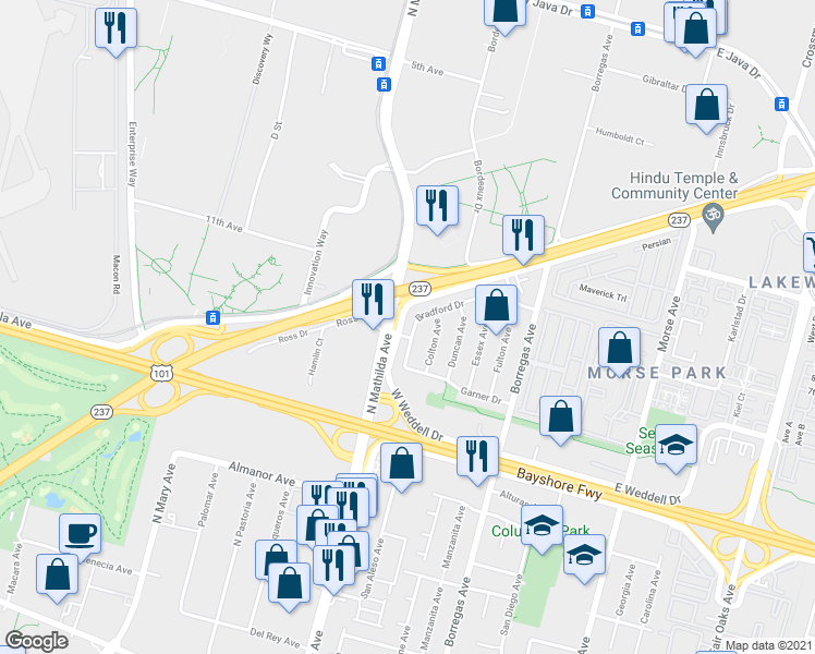 map of restaurants, bars, coffee shops, grocery stores, and more near 1083 Bradford Drive in Sunnyvale