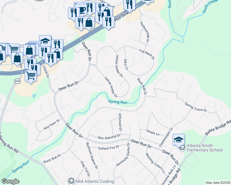 map of restaurants, bars, coffee shops, grocery stores, and more near 7014 Velvet Antler Drive in Midlothian