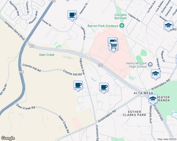 map of restaurants, bars, coffee shops, grocery stores, and more near 3403 Hillview Avenue in Palo Alto