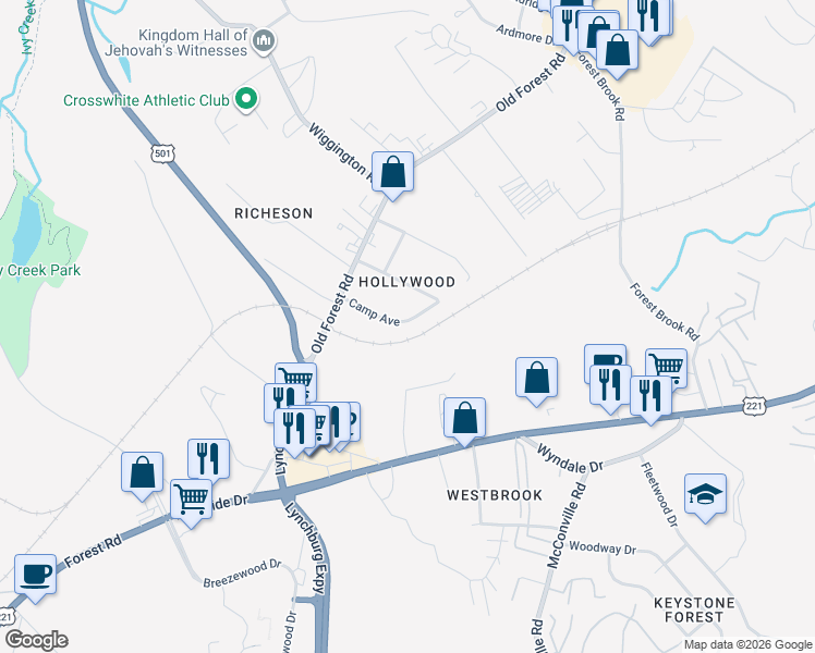 map of restaurants, bars, coffee shops, grocery stores, and more near 123 Camp Avenue in Lynchburg