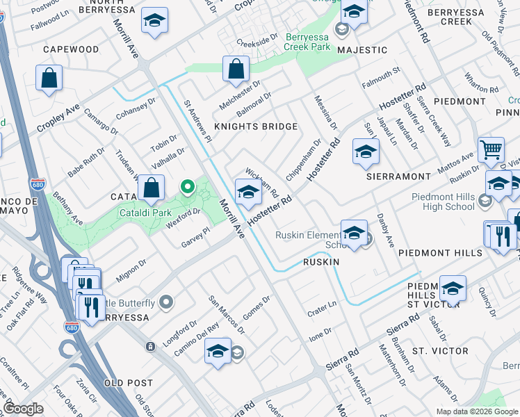 map of restaurants, bars, coffee shops, grocery stores, and more near 2675 Westberry Drive in San Jose