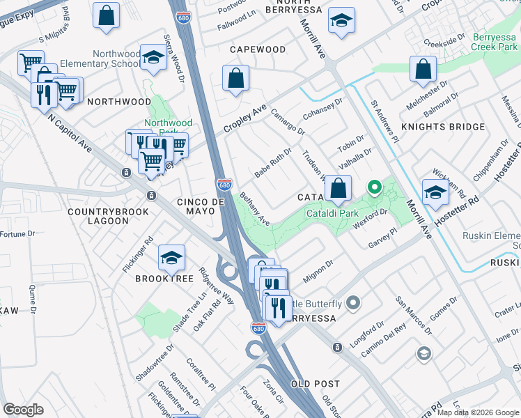 map of restaurants, bars, coffee shops, grocery stores, and more near 1816 Bethany Avenue in San Jose