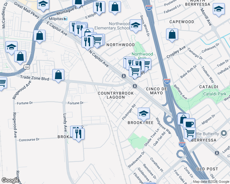 map of restaurants, bars, coffee shops, grocery stores, and more near 1990 Garden Bing Circle in San Jose