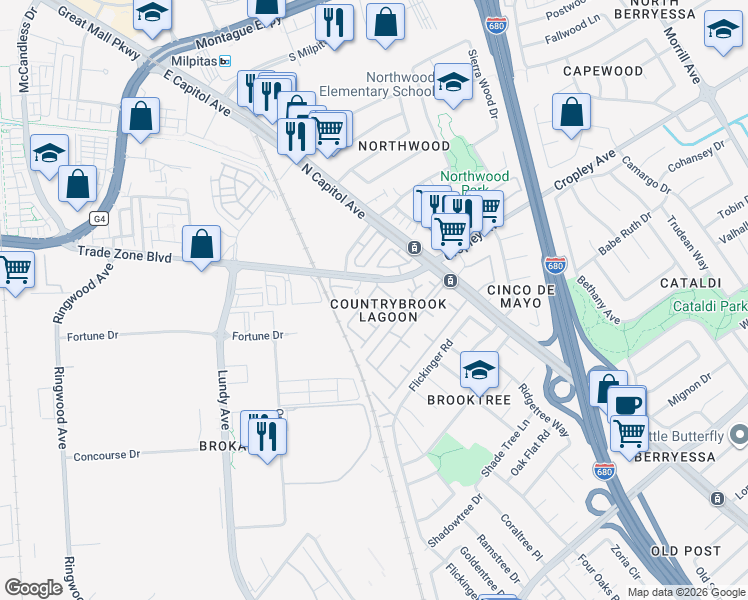 map of restaurants, bars, coffee shops, grocery stores, and more near 1990 Garden Bing Circle in San Jose