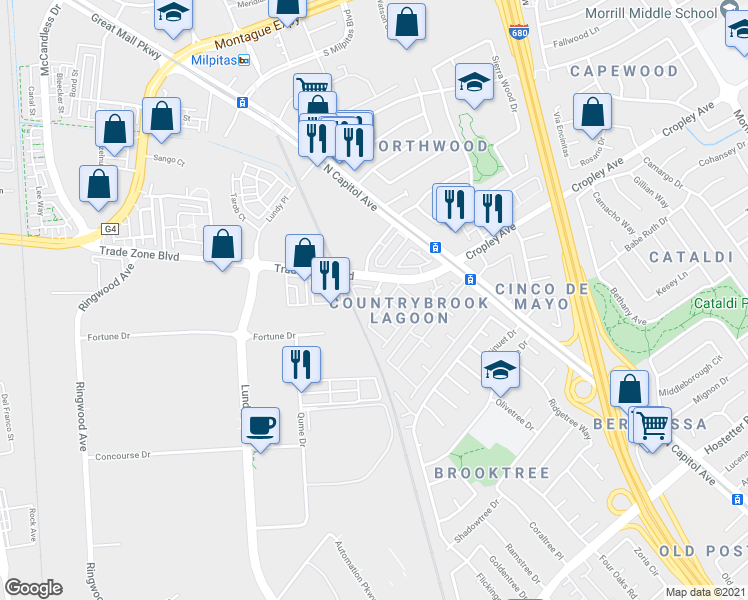 map of restaurants, bars, coffee shops, grocery stores, and more near 2398 Trade Zone Boulevard in San Jose