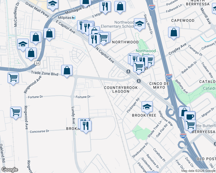 map of restaurants, bars, coffee shops, grocery stores, and more near 2398 Trade Zone Boulevard in San Jose