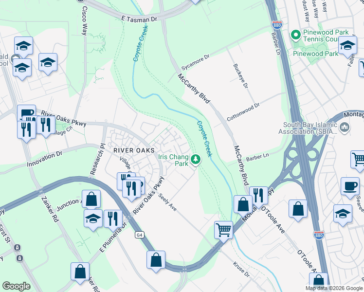 map of restaurants, bars, coffee shops, grocery stores, and more near 534 Mill River Lane in San Jose