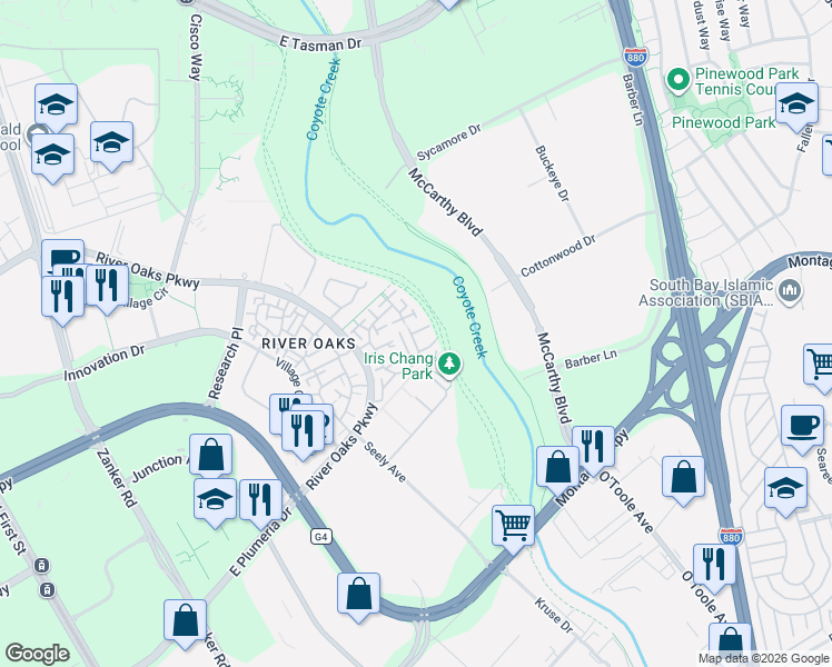 map of restaurants, bars, coffee shops, grocery stores, and more near 534 Mill River Lane in San Jose