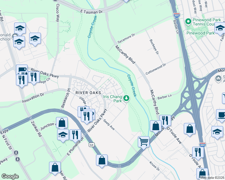 map of restaurants, bars, coffee shops, grocery stores, and more near 534 Mill River Lane in San Jose
