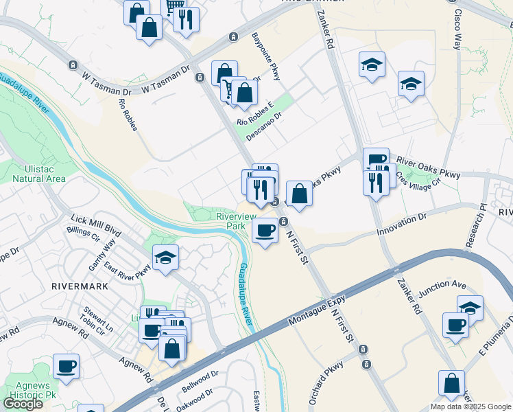 map of restaurants, bars, coffee shops, grocery stores, and more near 708 55 River Oaks Place in San Jose